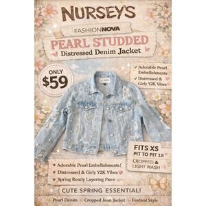 Fashion Nova Pearl Studded Distressed Denim Jacket XS Cropped Light Wash Y2K